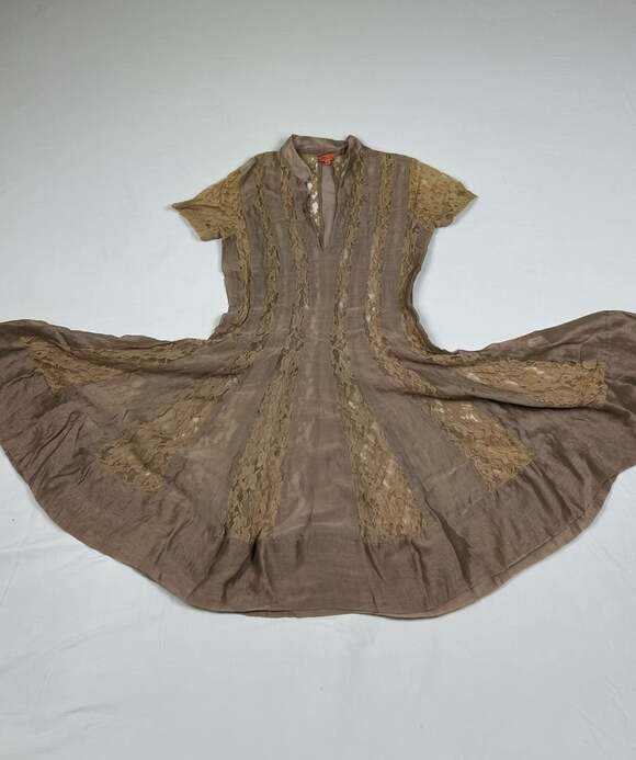 Chan Luu Dresses & Skirts - Chan Luu Brown Silk and Lace Flare Short Sleeve Dress Size S